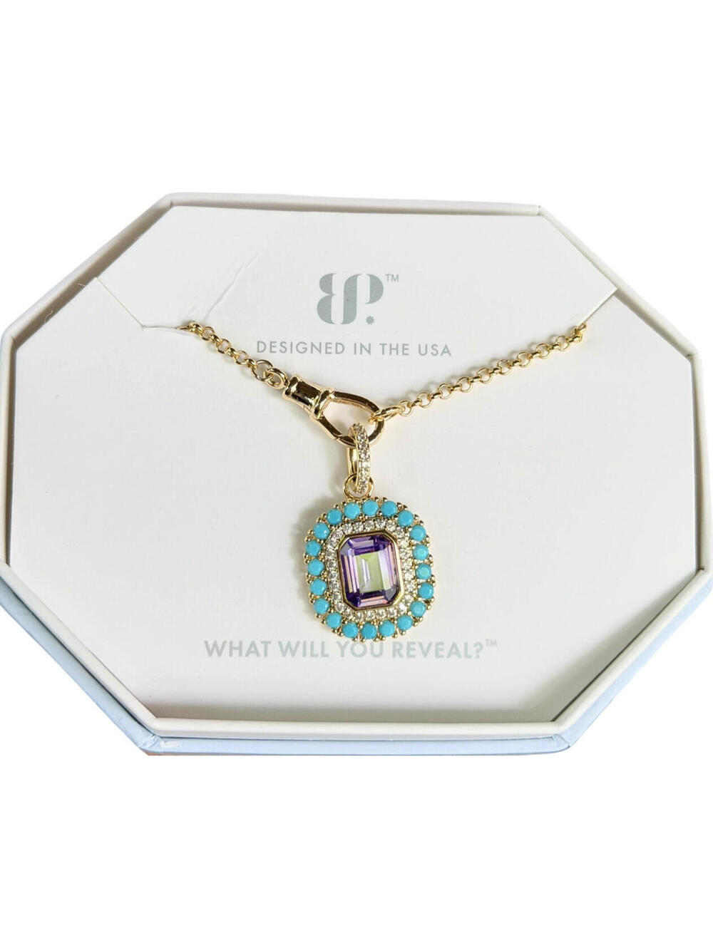 Bomb Party RARE UNICORN Necklace NK73519 Turquoise & Purple on Yellow Gold HTF